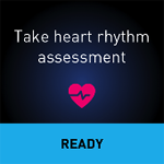 ECG app screen with the text, "Take heart rhythm assessment" above an icon of a heart and a button that says, "Ready"